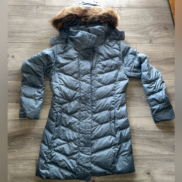 Marmot Varma Puffer Jacket Women Medium Blue Long 700 Fill Down BROKEN ZIPPER ** - Picture 1 of 5